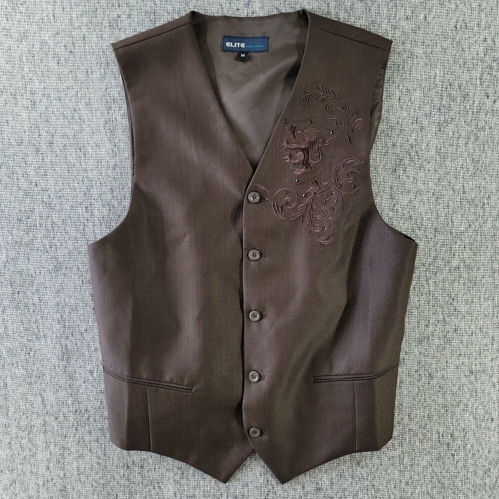 Elite Eddie Domani Men's Chocolate Brown Embroidered Vest Rhinestone Lion Size M